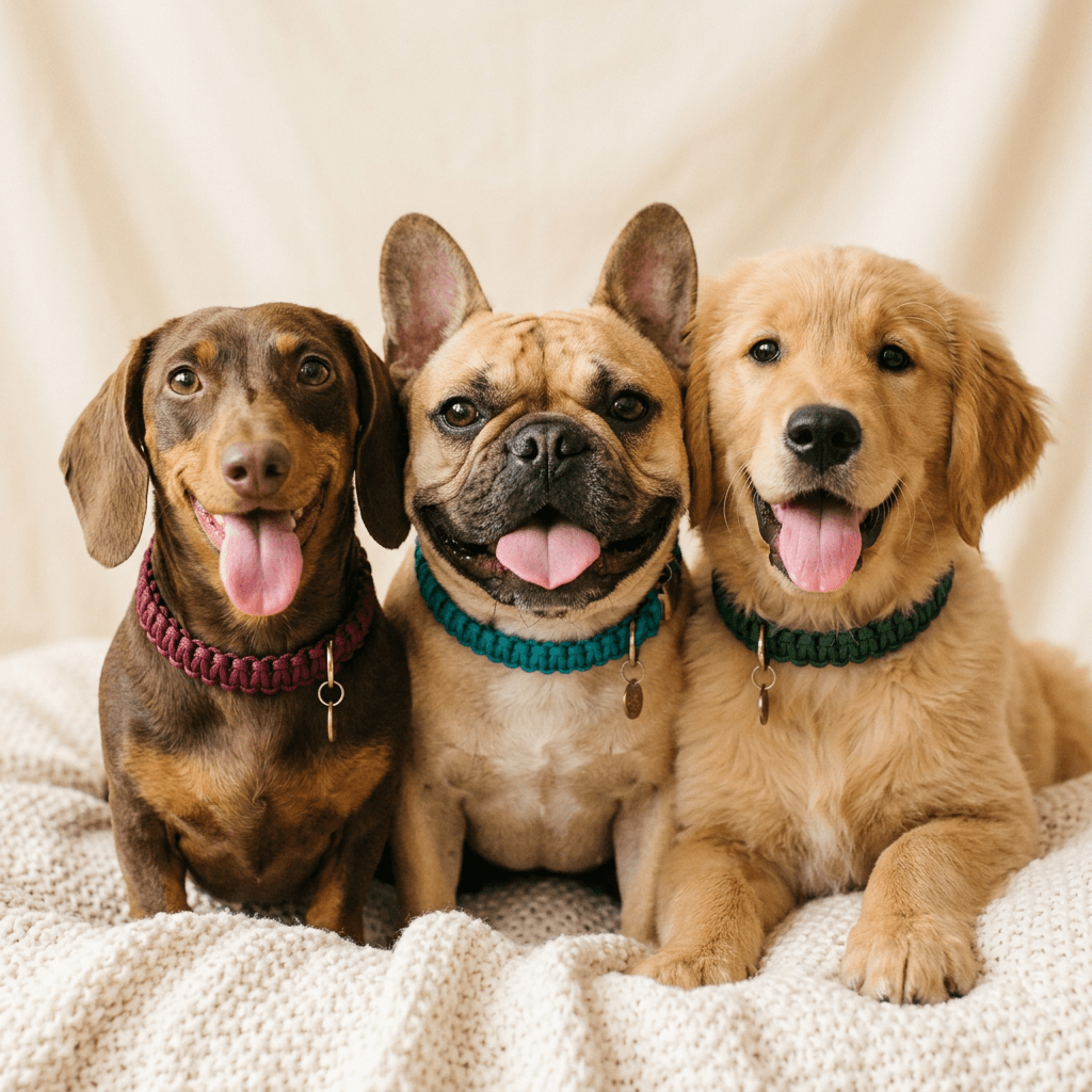 Three happy dogs wearing Ika paracord collars